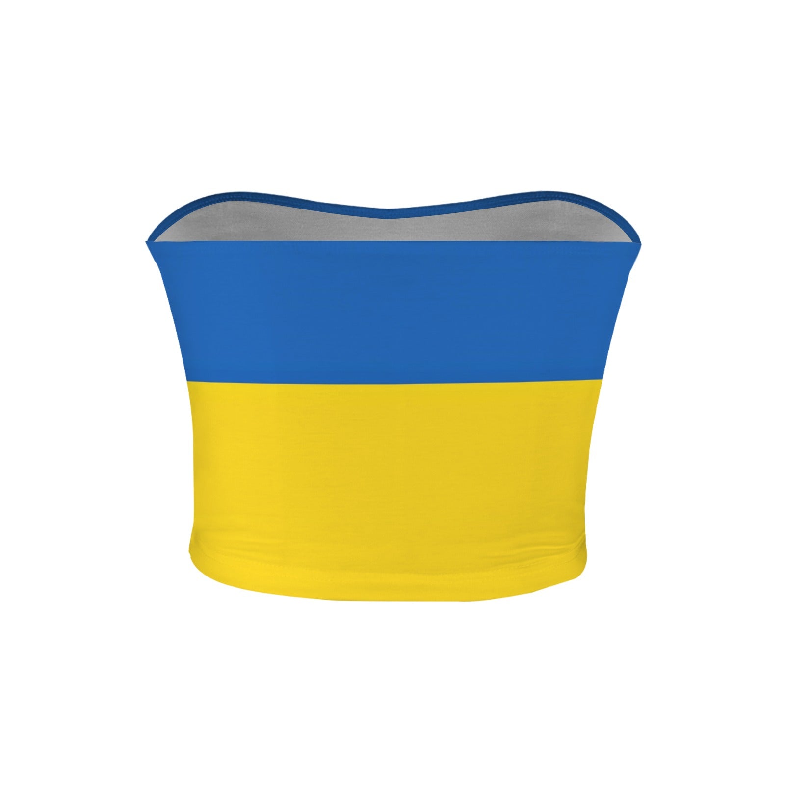 [Brand] strapless top with blue and yellow flag design.