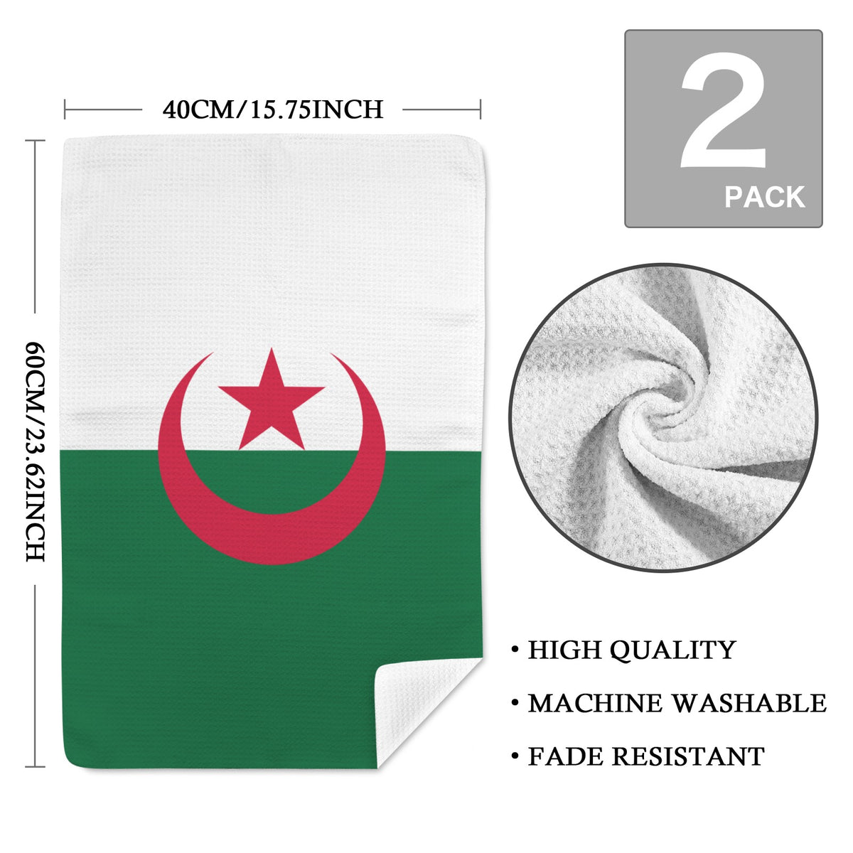 Algeria Flag Inspired Kitchen Towel 40X60cm (Pack of 2) | Printed In the USA