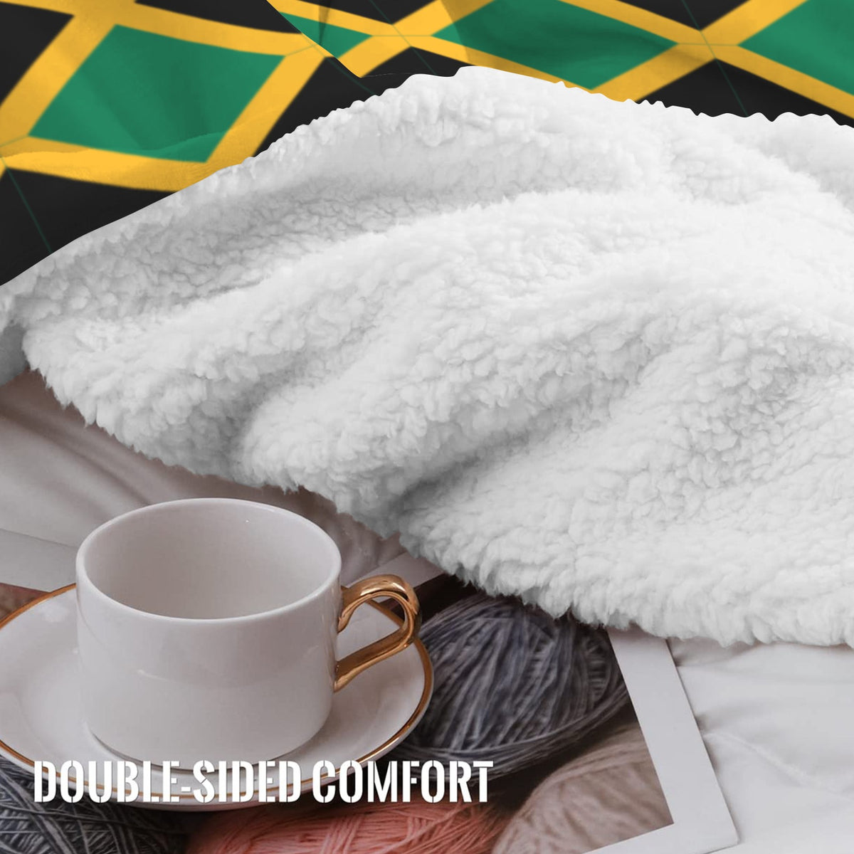Jamaica Flag Inspired Pattern Sherpa Fleece Blanket 90" x 108" | Prtinted in the USA