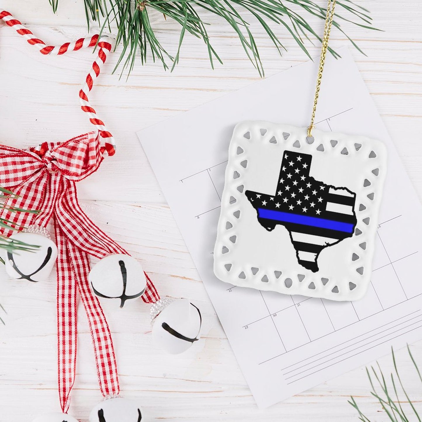 Thin Blue Line Flag Inspired Texas Shape Square Ceramic Ornament Made in the USA