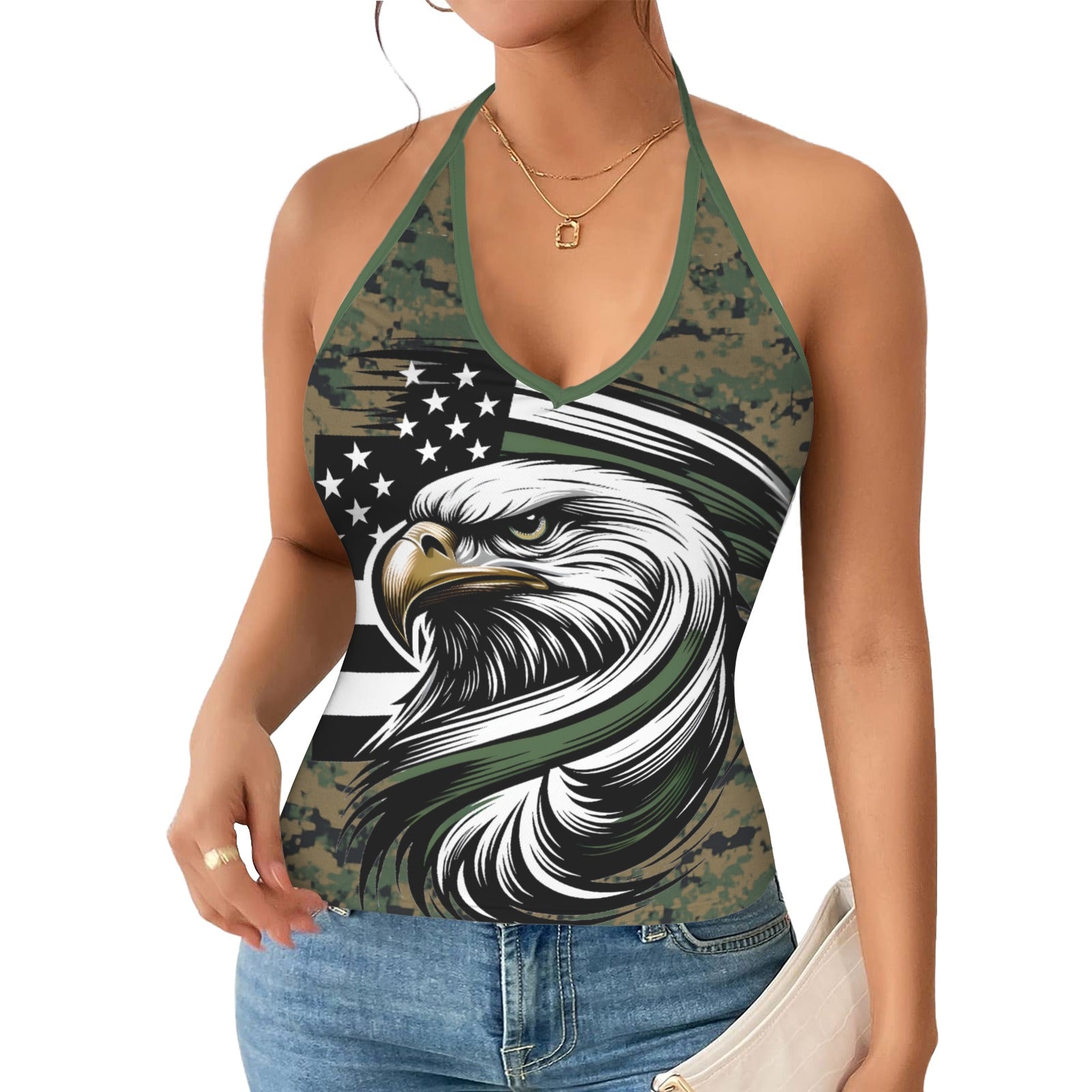 Woman wearing a tank top with an eagle and the Thin Green Line American flag design on a camo background