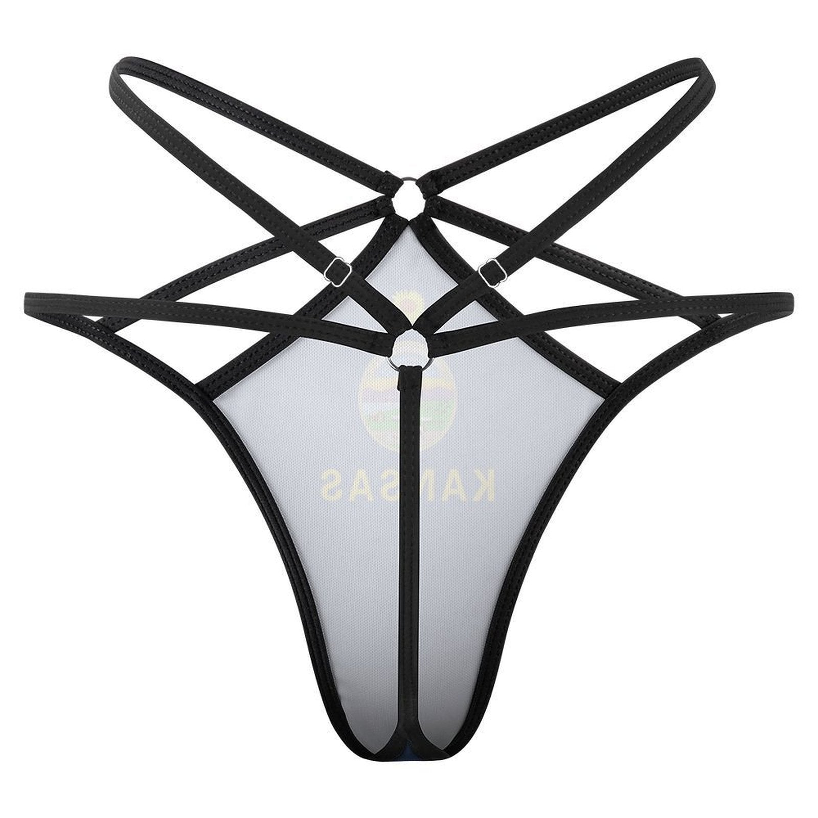 Black strappy lace thong by [Brand], intricate and stylish.