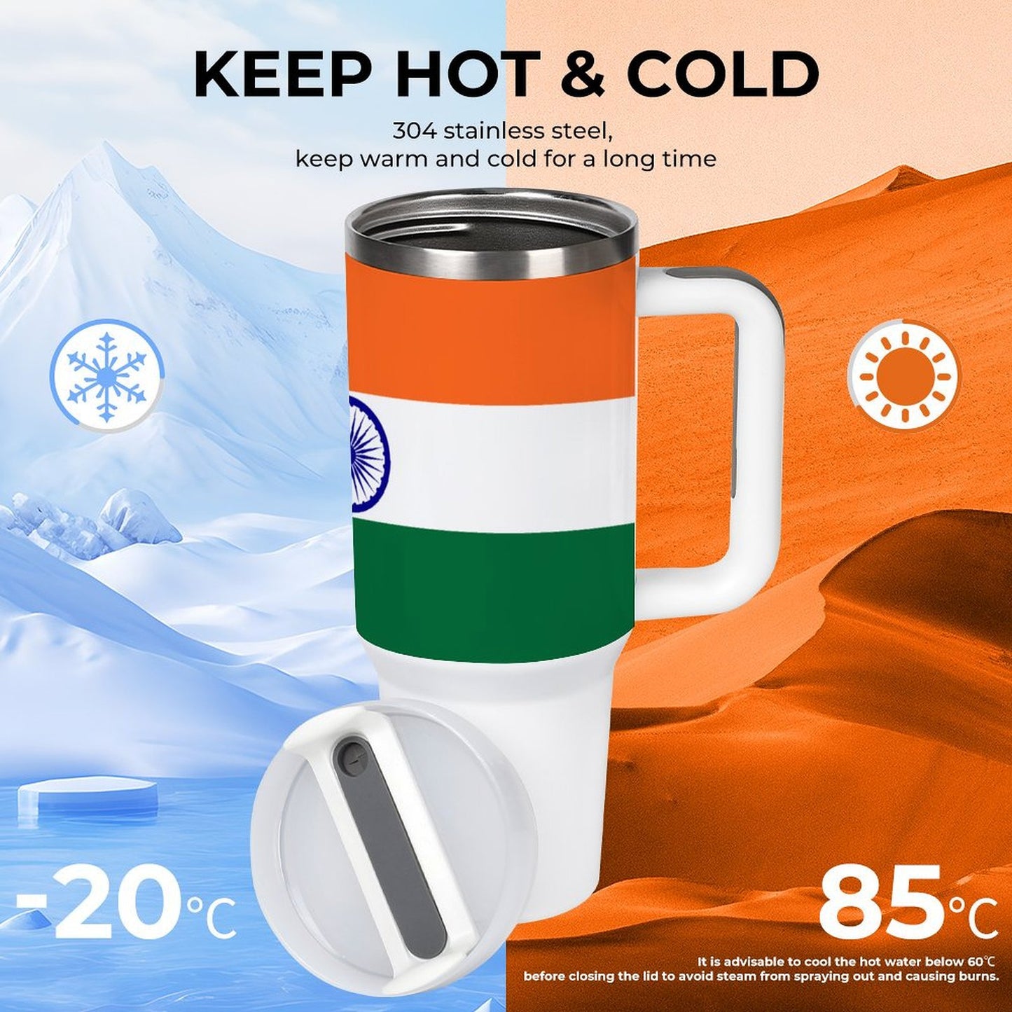 [Brand] insulated mug showing temperature range in icy and desert environments.