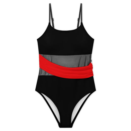 Thin Red Line Flag Inspired Women's Square Neck Mesh Spliced One Piece Swimsuit