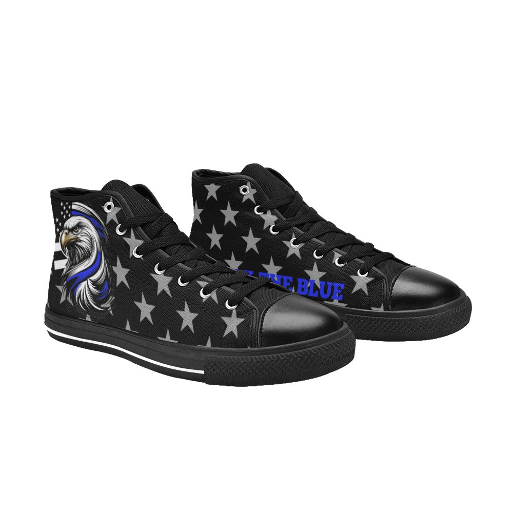 Thin Blue Line Flag Inspired Eagle "BACK THE BLUE" Kid's High Top Canvas Shoes