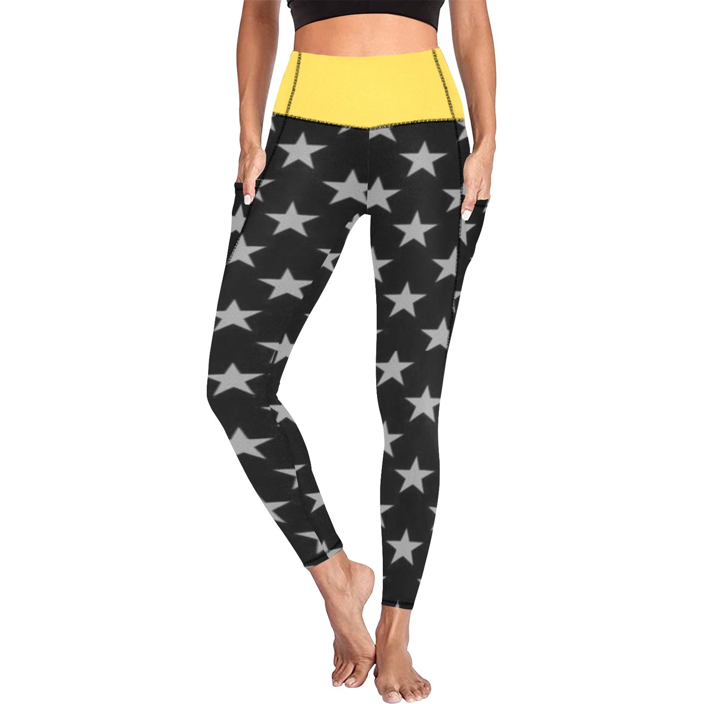 Thin Gold Line Flag Inspired Women's High Waist Leggings with Pockets