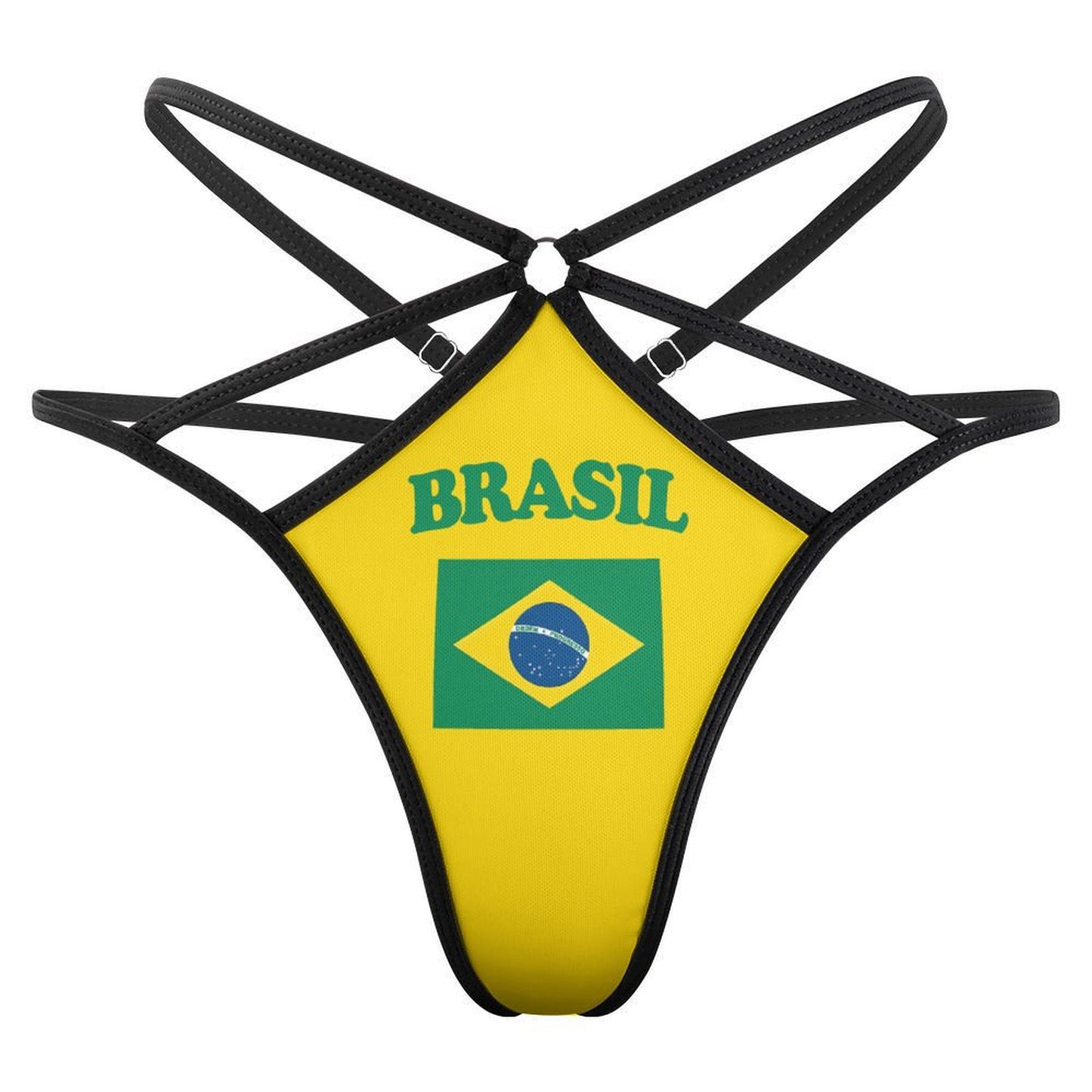 [Brand] lingerie featuring Brazilian flag design with black straps.