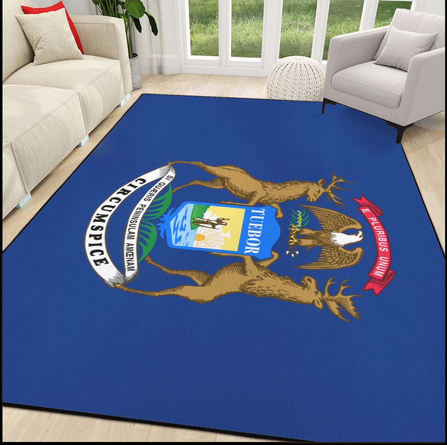 Michigan Flag Inspired 84x60 Inch Area Rug with Black Binding (Made in the USA)