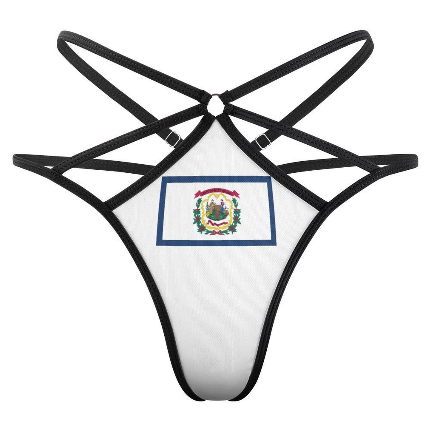 Black strappy lingerie featuring a flag design by [Brand].