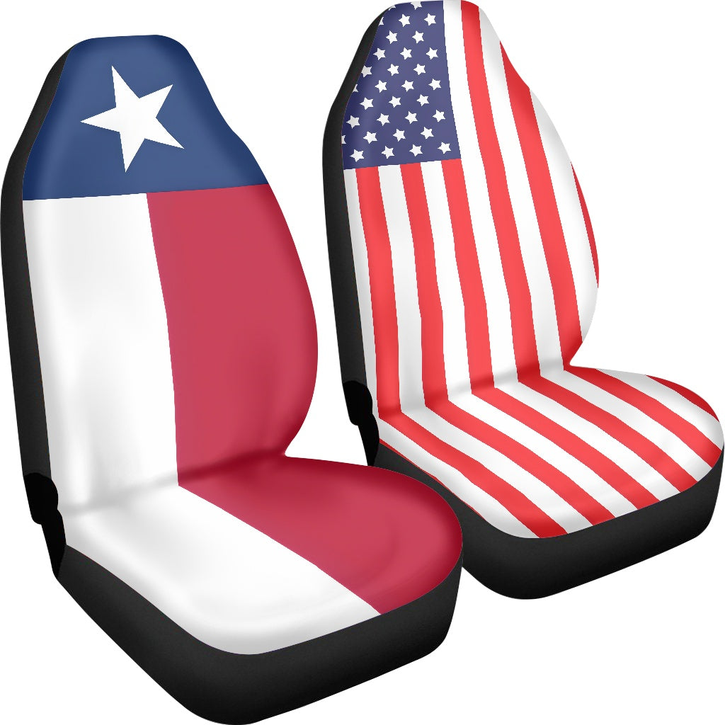 Two [Brand] car seat covers with American and Texas flags.