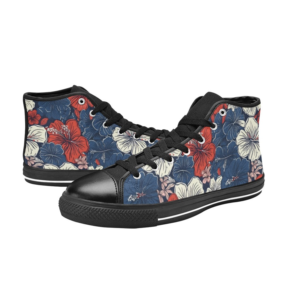 USA/American Flag Inspired Hawaiian Floral Pattern Kid's High Top Canvas Shoes