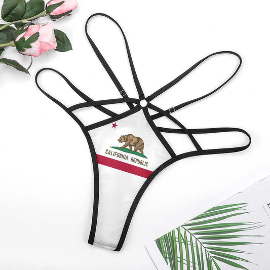 [Brand] thong featuring California Republic flag design and straps.