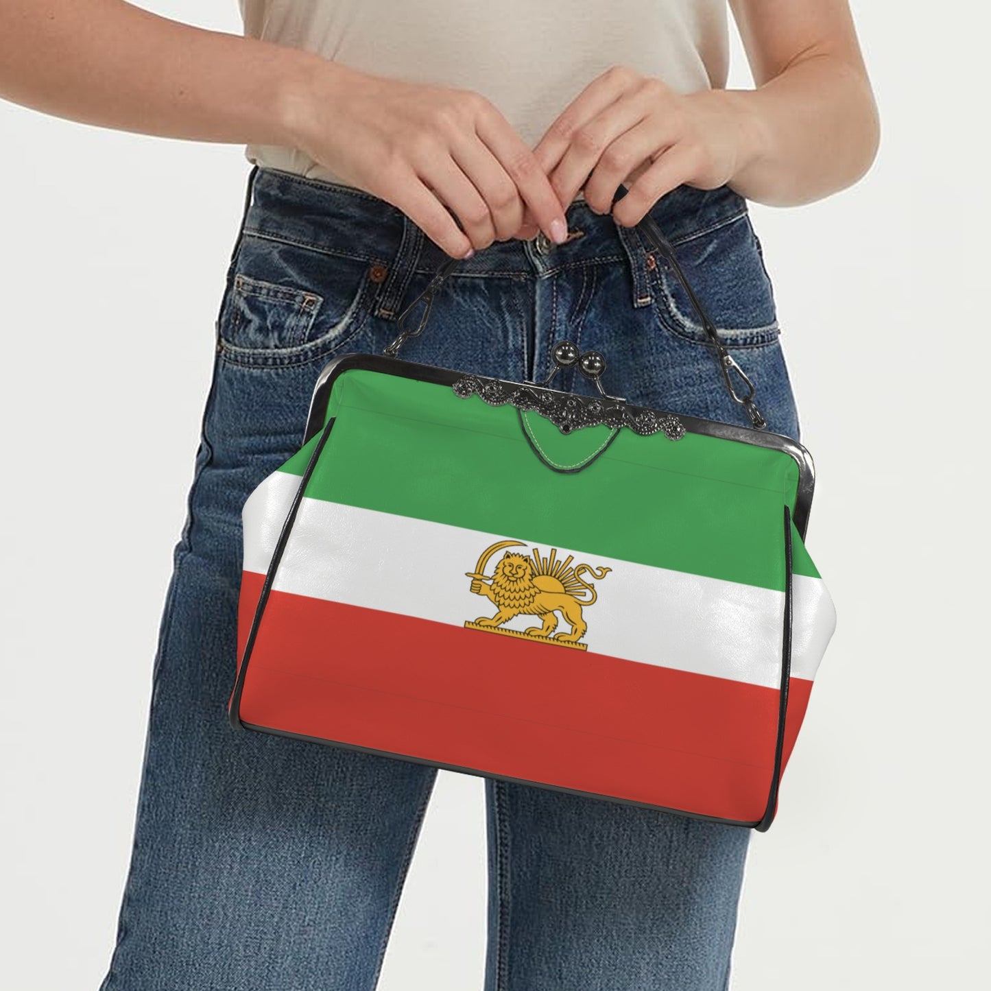 Iran Lion and Sun Flag Inspired Kisslock Crossbody Shoulder Bag