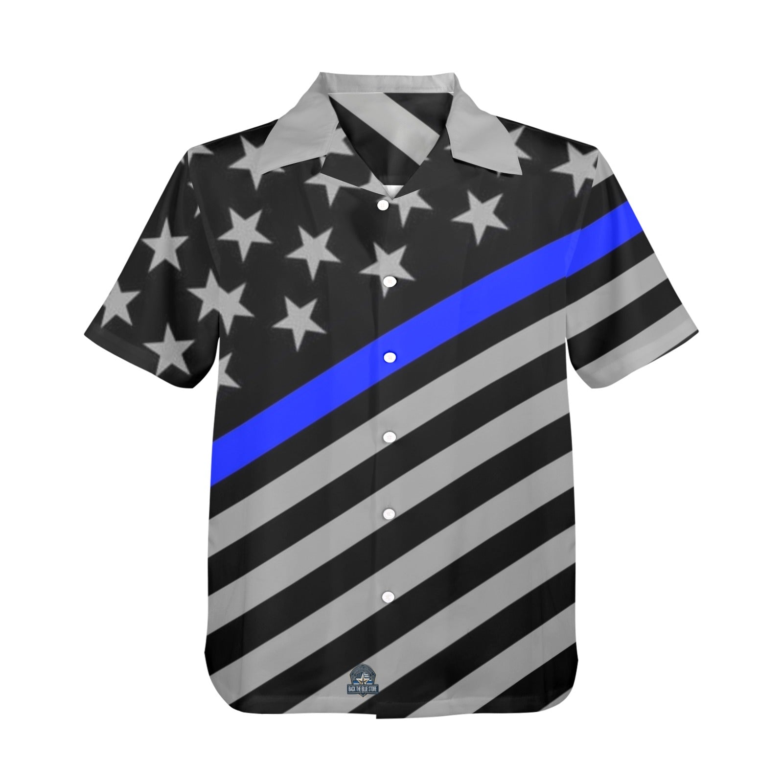Black and gray button-up shirt featuring stars, stripes, [Brand].