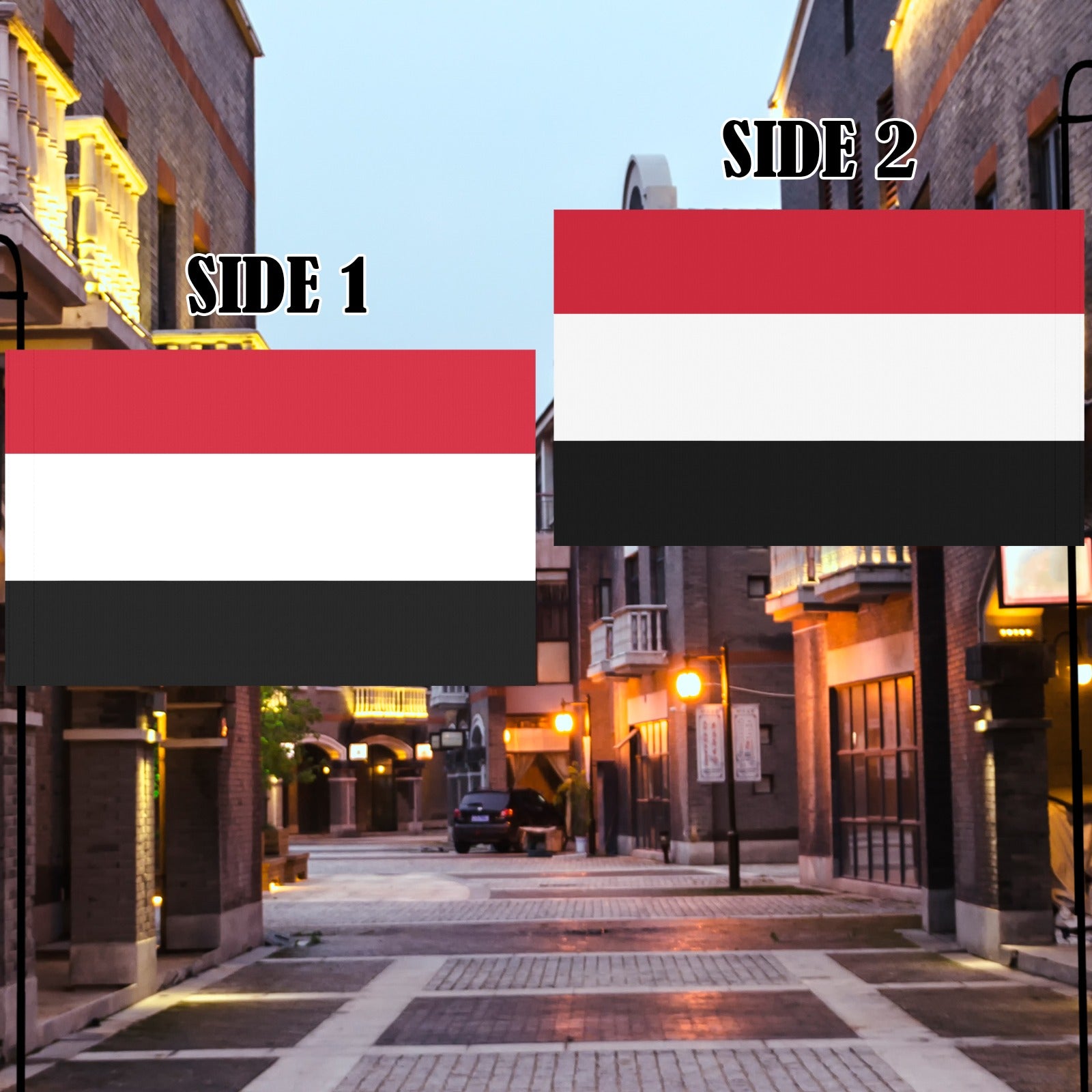 Luv My Flag: Dual-sided flags displayed in charming alley.