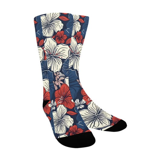 USA/American Flag Inspired Hawaiian Floral Pattern Women’s Custom Socks Made in the USA