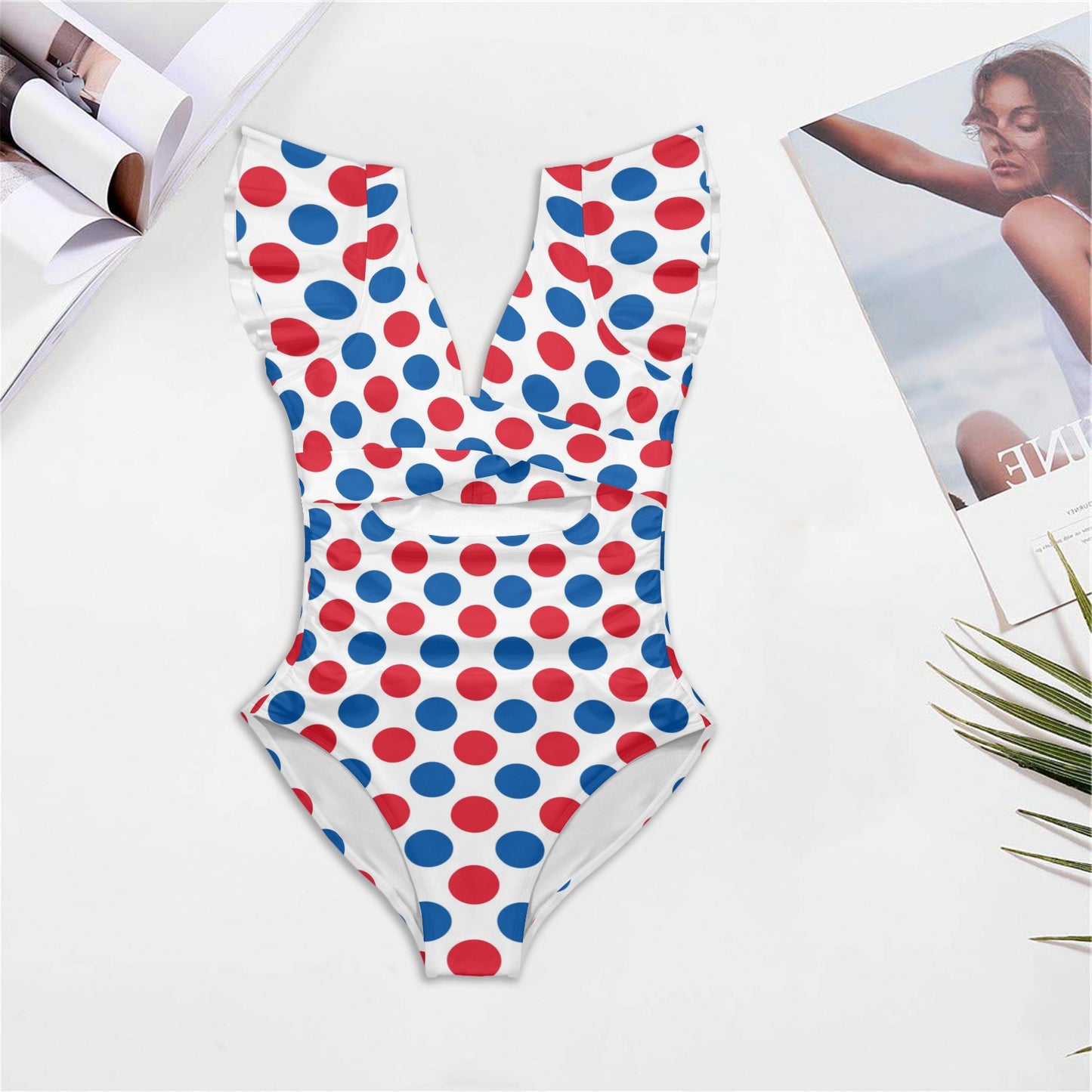 USA/American Flag Inspired Polka Dot Pattern Women's Twist Front Ruffle Sleeve Swimsuit
