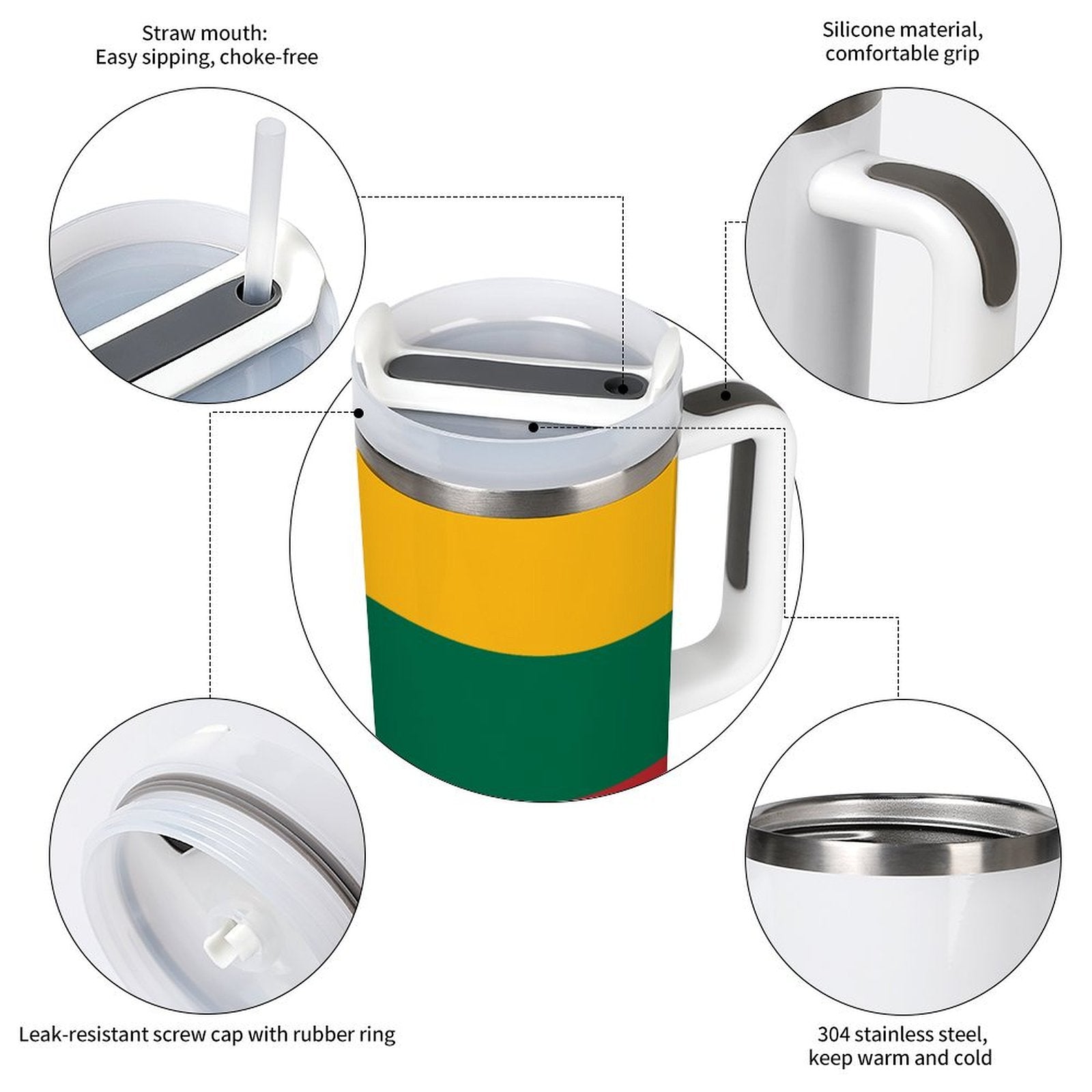Tumbler with colorful design, [Brand], features straw, silicone grip.