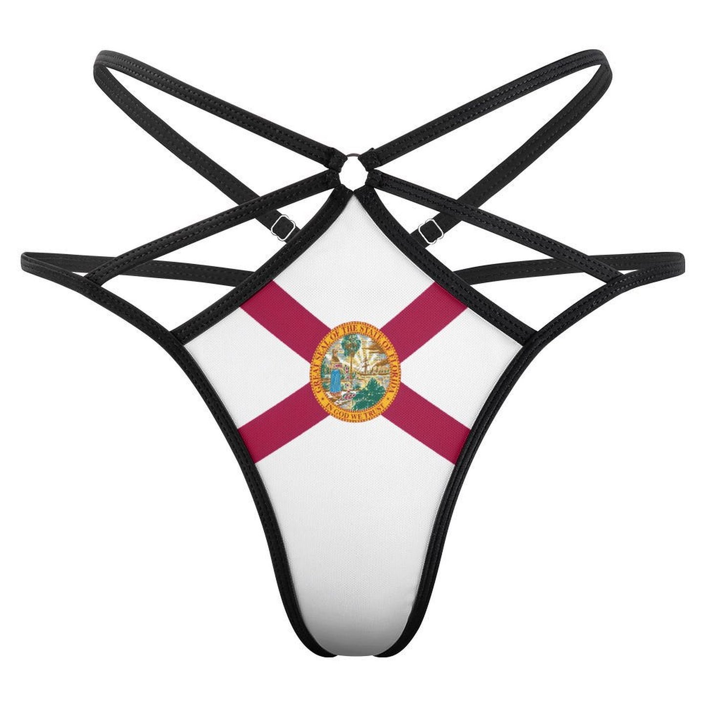 [Brand] black strappy bikini bottom featuring Florida flag design.