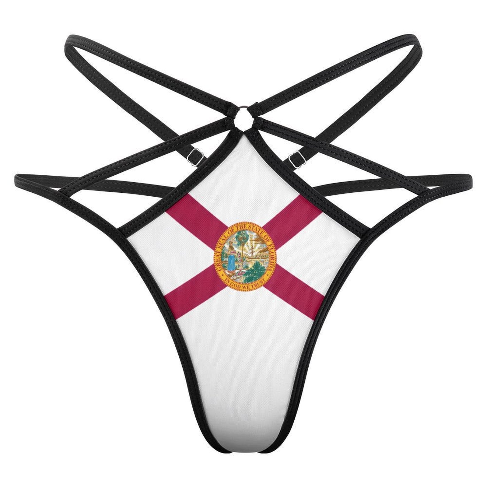 [Brand] black strappy bikini bottom featuring Florida flag design.