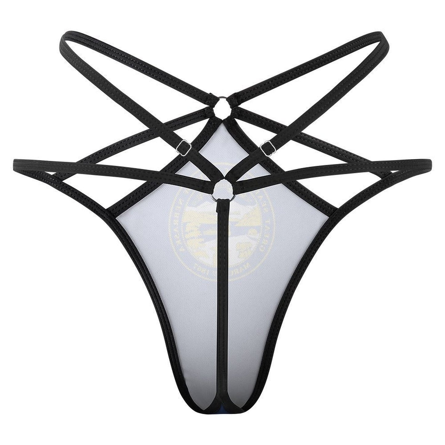 [Brand] black strappy lace lingerie with geometric design pattern.