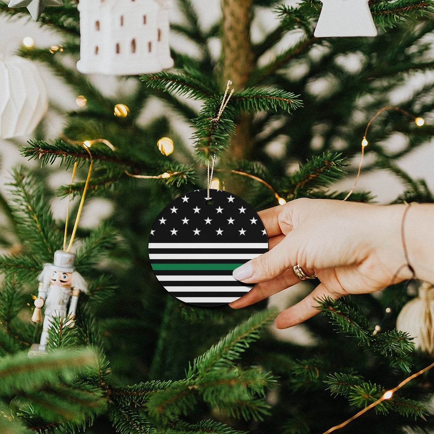 Thin Green  Line Flag Inspired Circle Ceramic Ornament Made in USA Circle Ceramic Ornament (Made in USA)