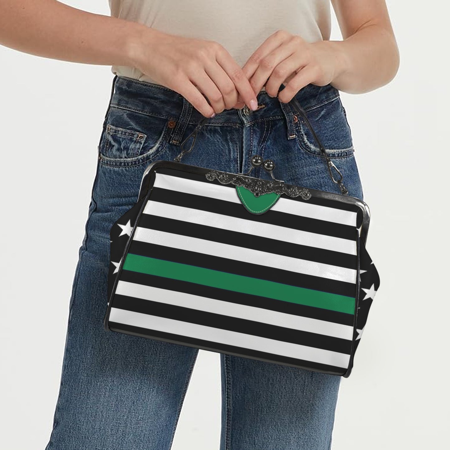 Thin Green Line Flag Inspired Kisslock Crossbody Shoulder Bag