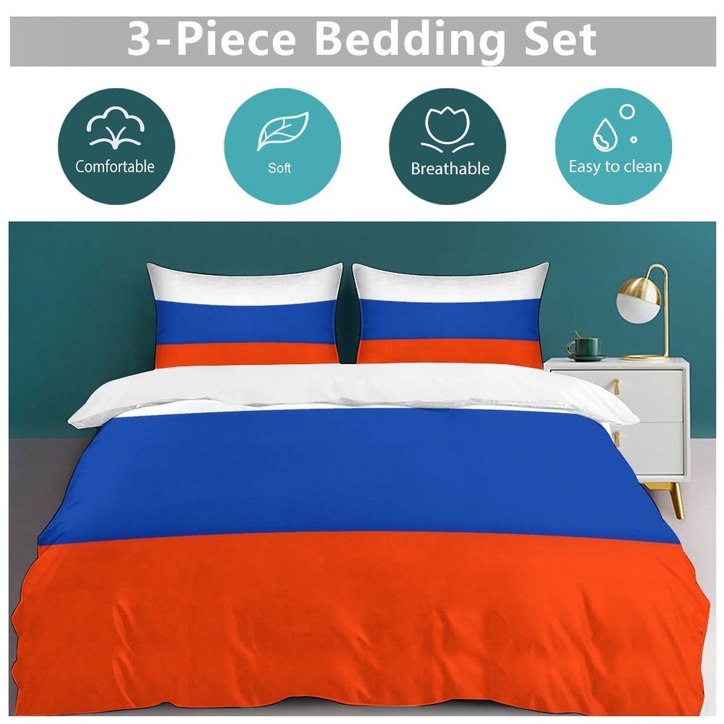 Russia Flag Inspired 3-Piece Bedding Set (1 Duvet Cover + 2 Pillow Shams) – 102"×90"