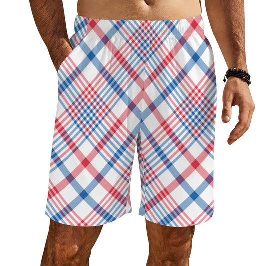 USA/American Flag Inspired Plaid Pattern Men’s Draw String Pocket Beach Shorts Printed in the USA