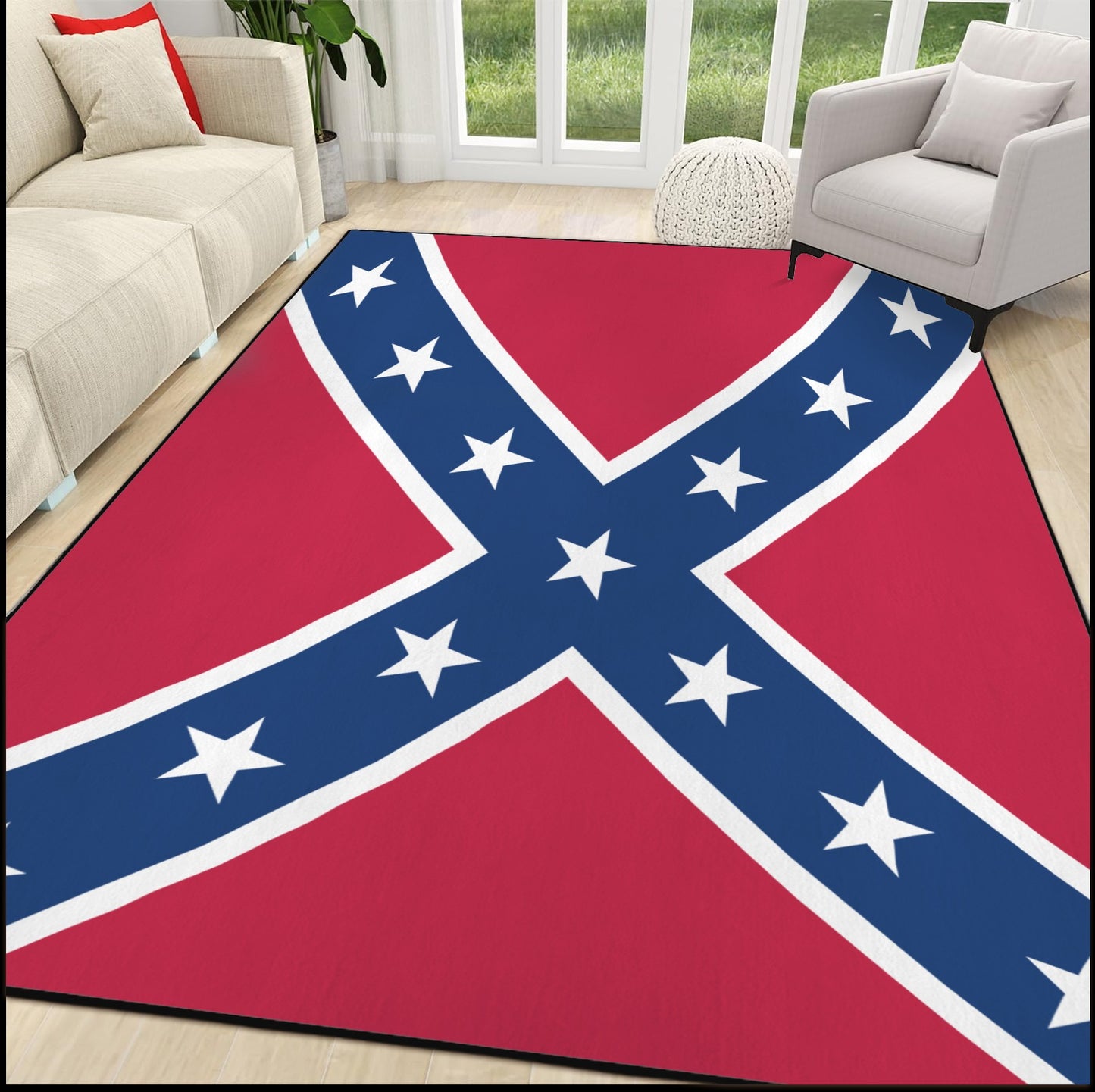 Confederate States Battle Flag Inspired 84x60 Inch Area Rug with Black Binding (Made in the USA)