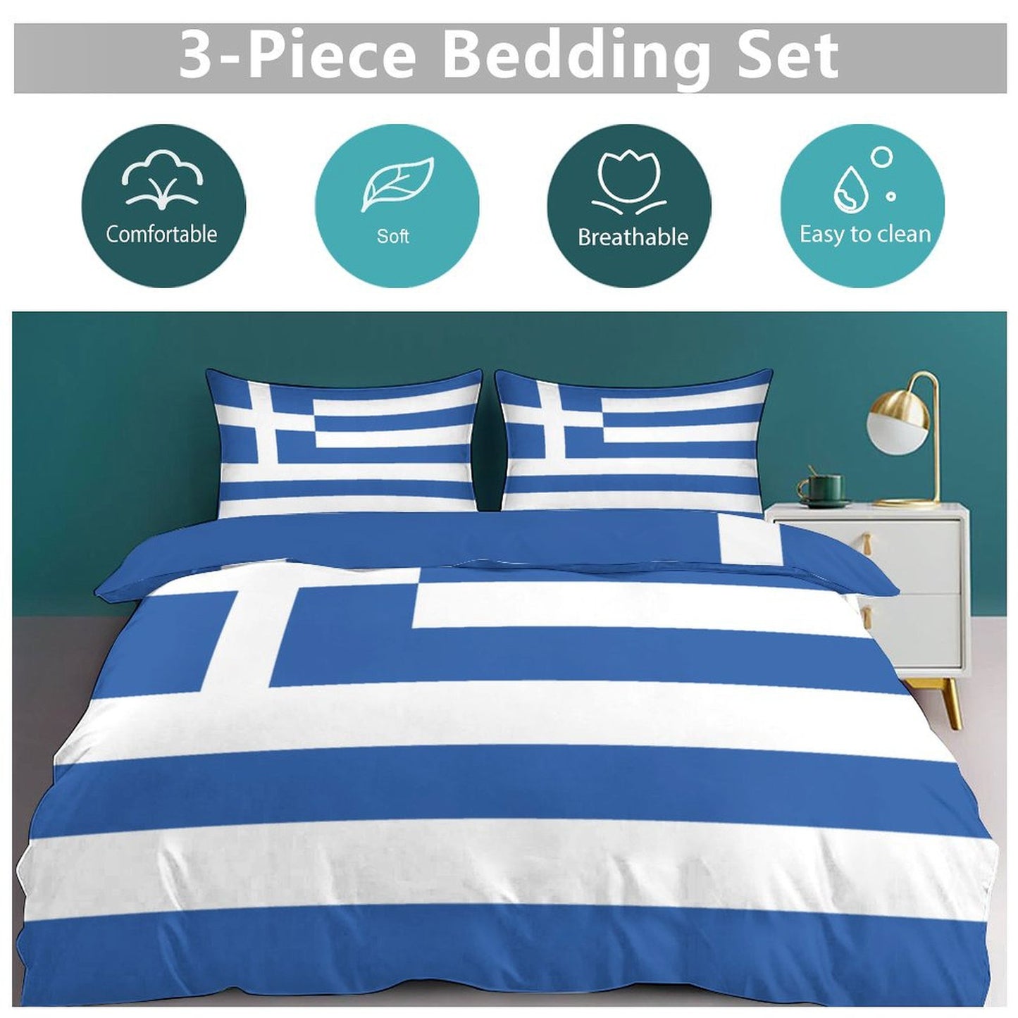 Greece Flag Inspired 3-Piece Bedding Set (1 Duvet Cover + 2 Pillow Shams) – 102"×90"