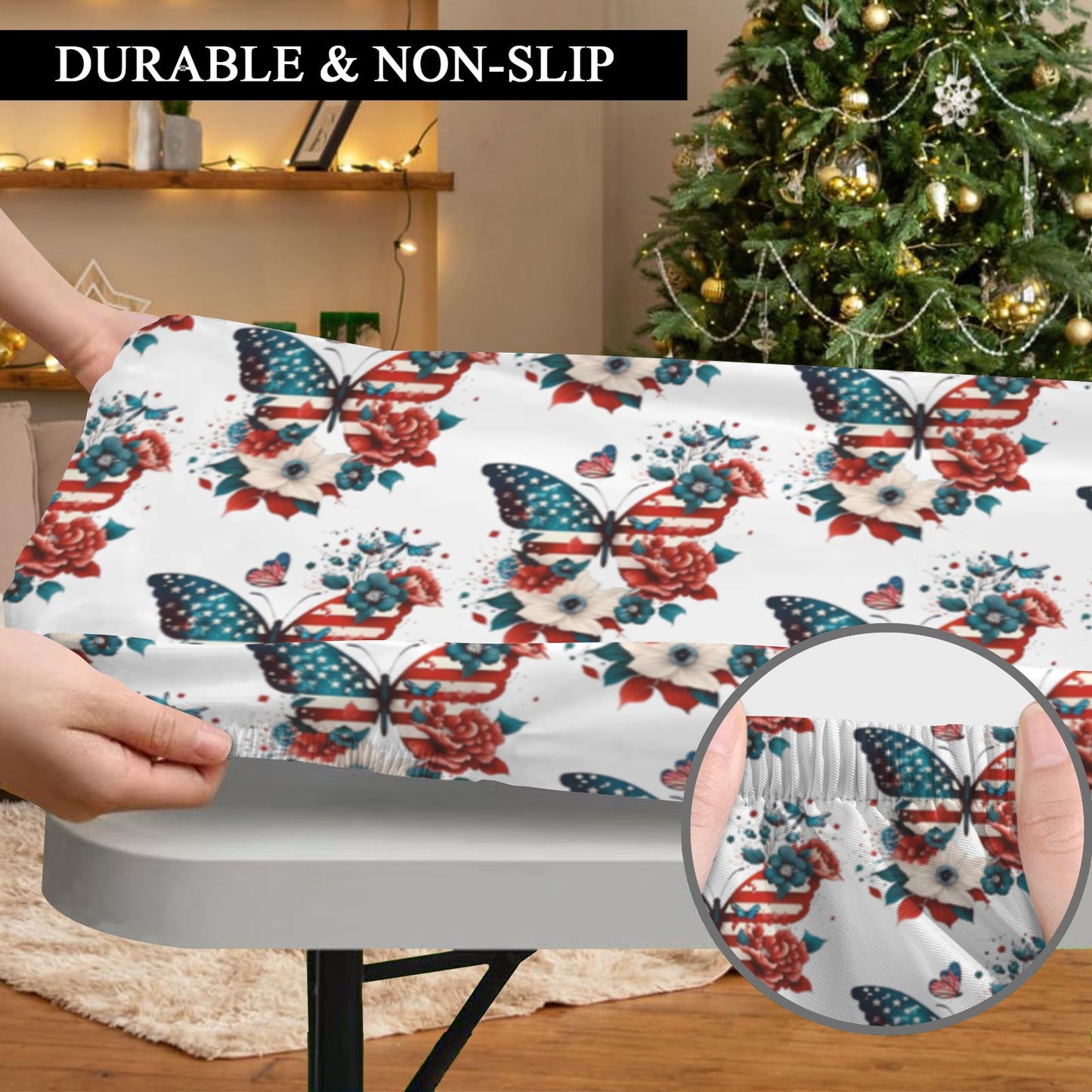 USA/American Flag Inspired Butterfly Pattern Custom Elastic Fitted Tablecloth 72x30 inch (Made in the USA)