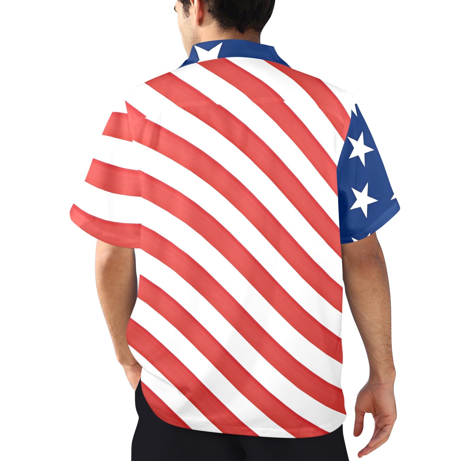 Back view of [Brand] shirt featuring stars and stripes.