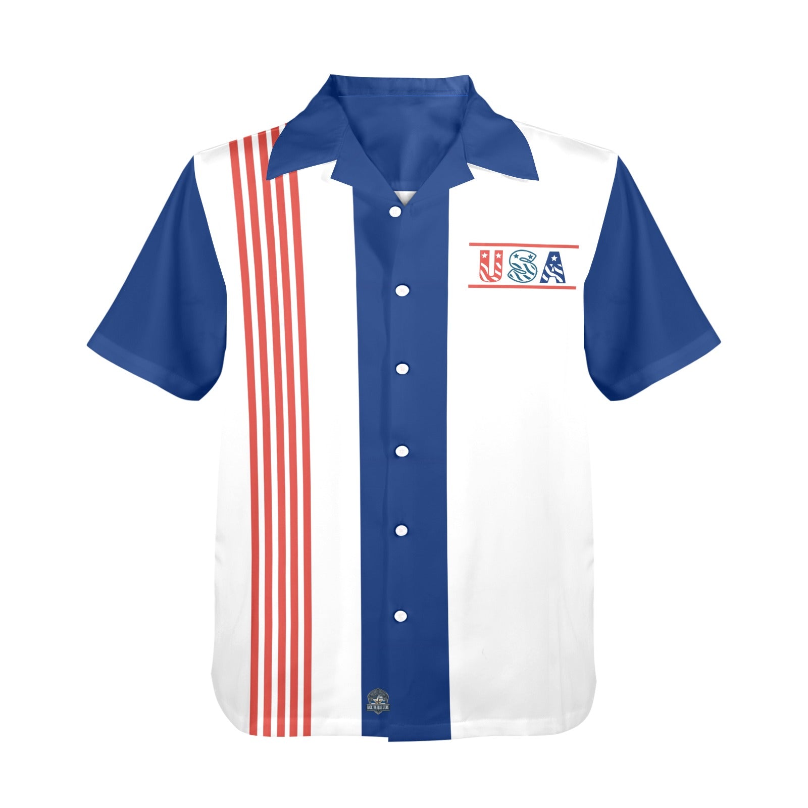 Blue and white USA-themed shirt with red stripes, [Brand].