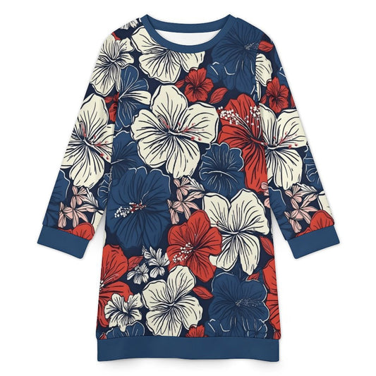 USA/American Flag Inspired Hawaiian Floral Pattern Sweater Dress