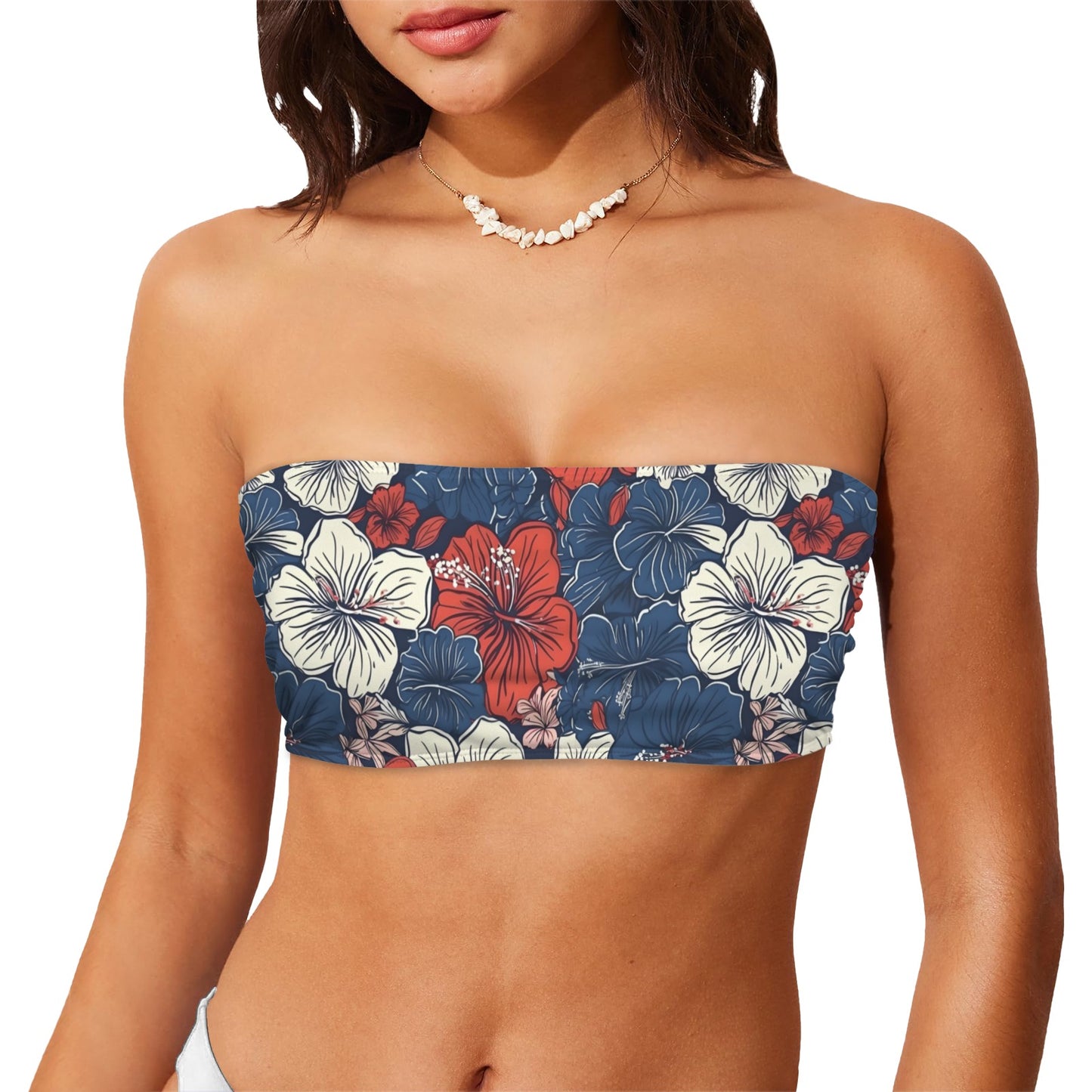 USA/American Flag Inspired Hawaiian Floral Pattern Flag Inspired Bandeau Tube Bikini Top