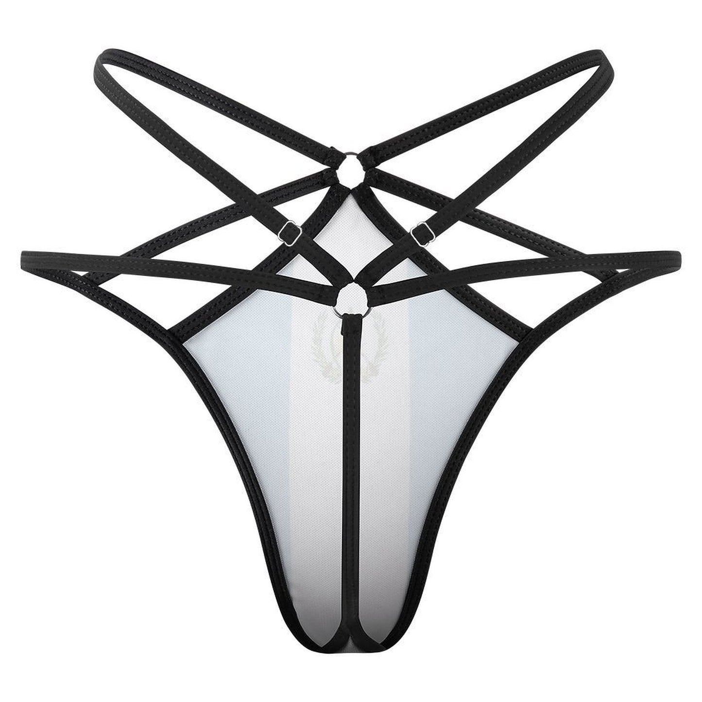 "Black strappy [Brand] monokini swimsuit on white background, stylish design."