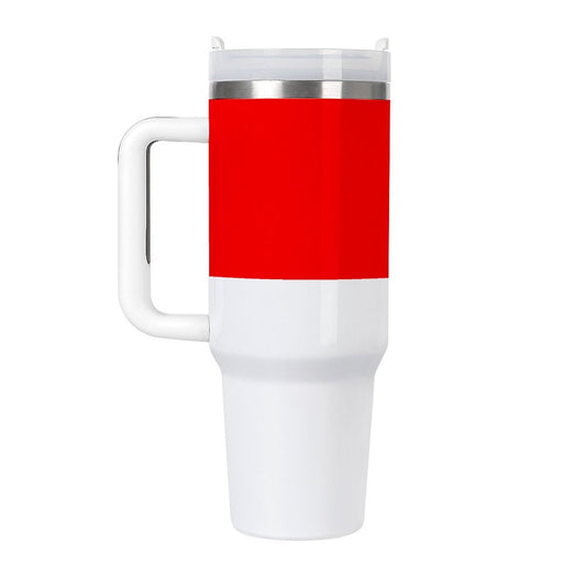 [Brand] red and white travel mug with handle and lid.