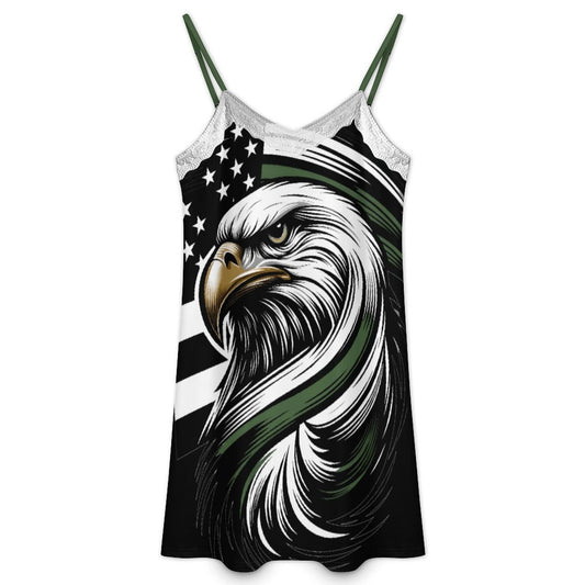 Thin Green Line Flag Inspired Eagle Lace Trim Camisole Nightgown