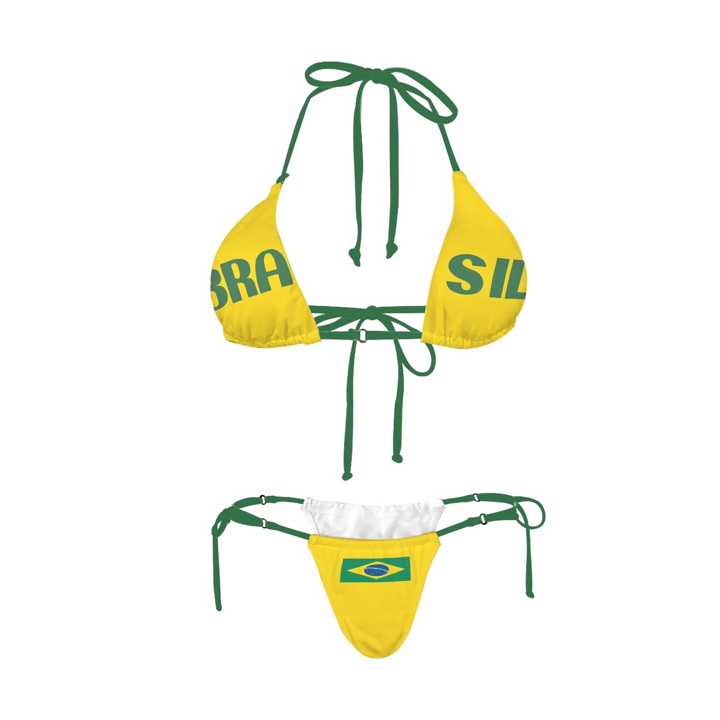 Yellow bikini with Brazil theme design by [Brand], green ties.