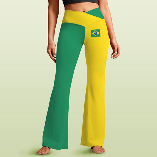 Brazil Flag Inspired Women's V-Crossover High Waisted Flare Leggings