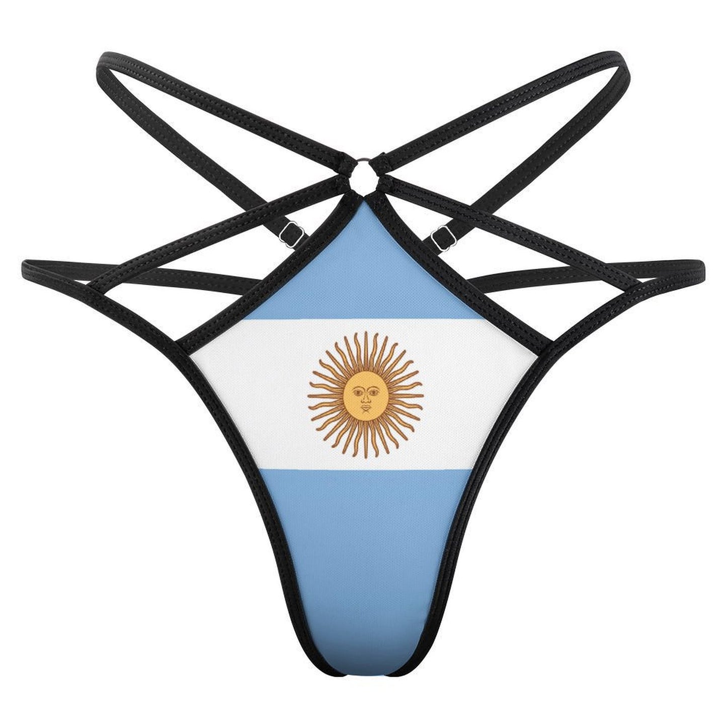 [Brand] thong with Argentina flag design and black straps.