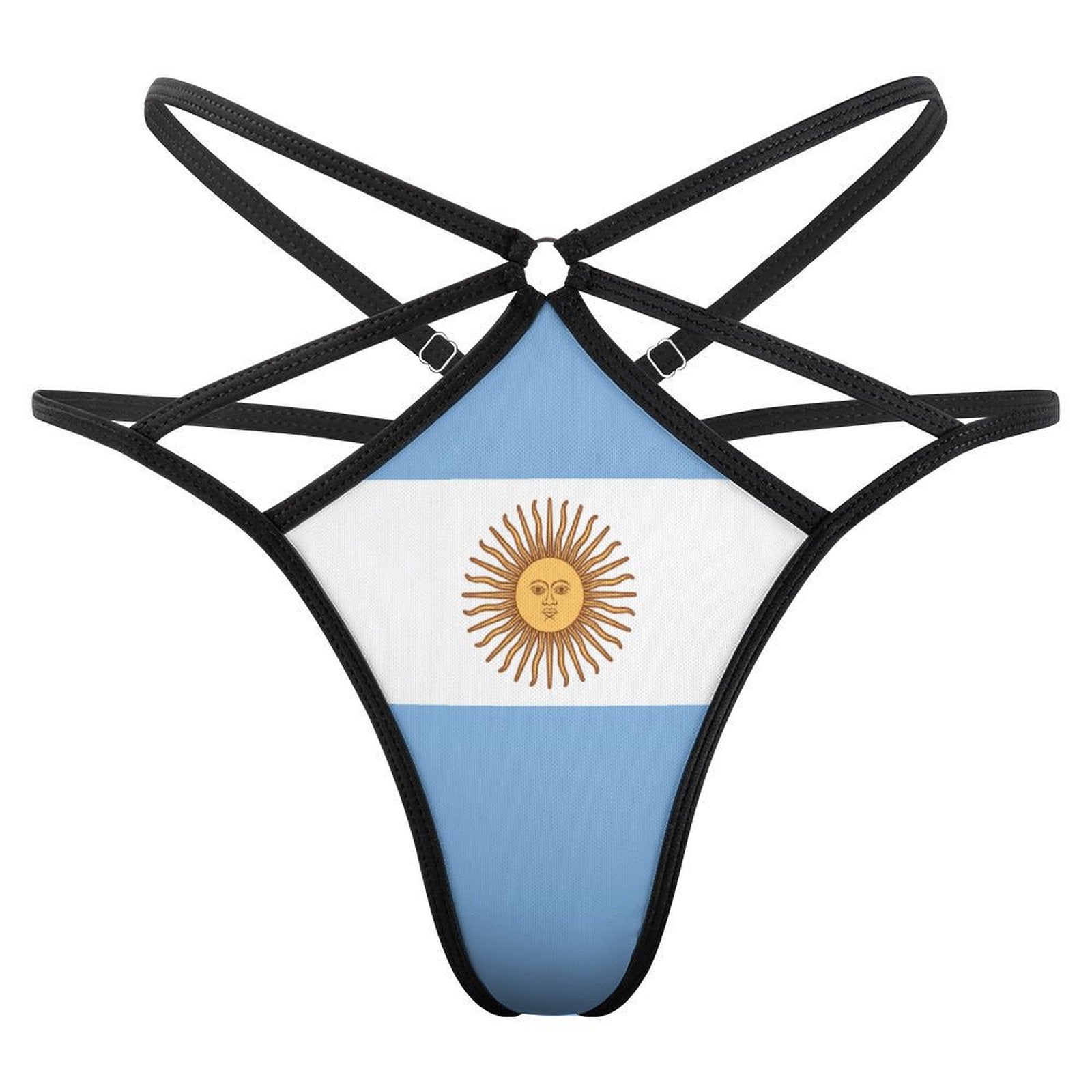 [Brand] thong with Argentina flag design and black straps.