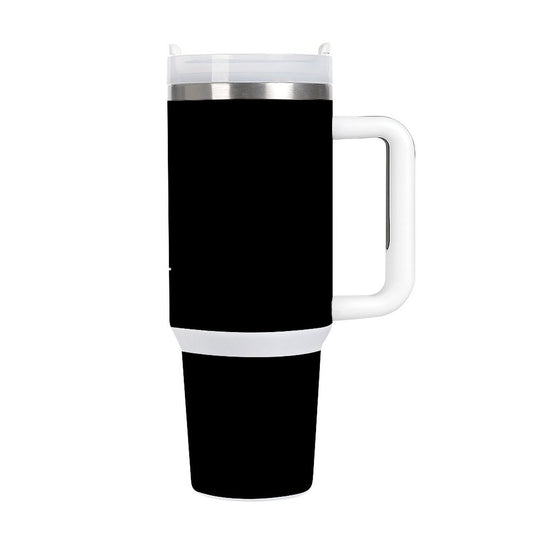 [Brand] black stainless steel tumbler with white handle, lid.