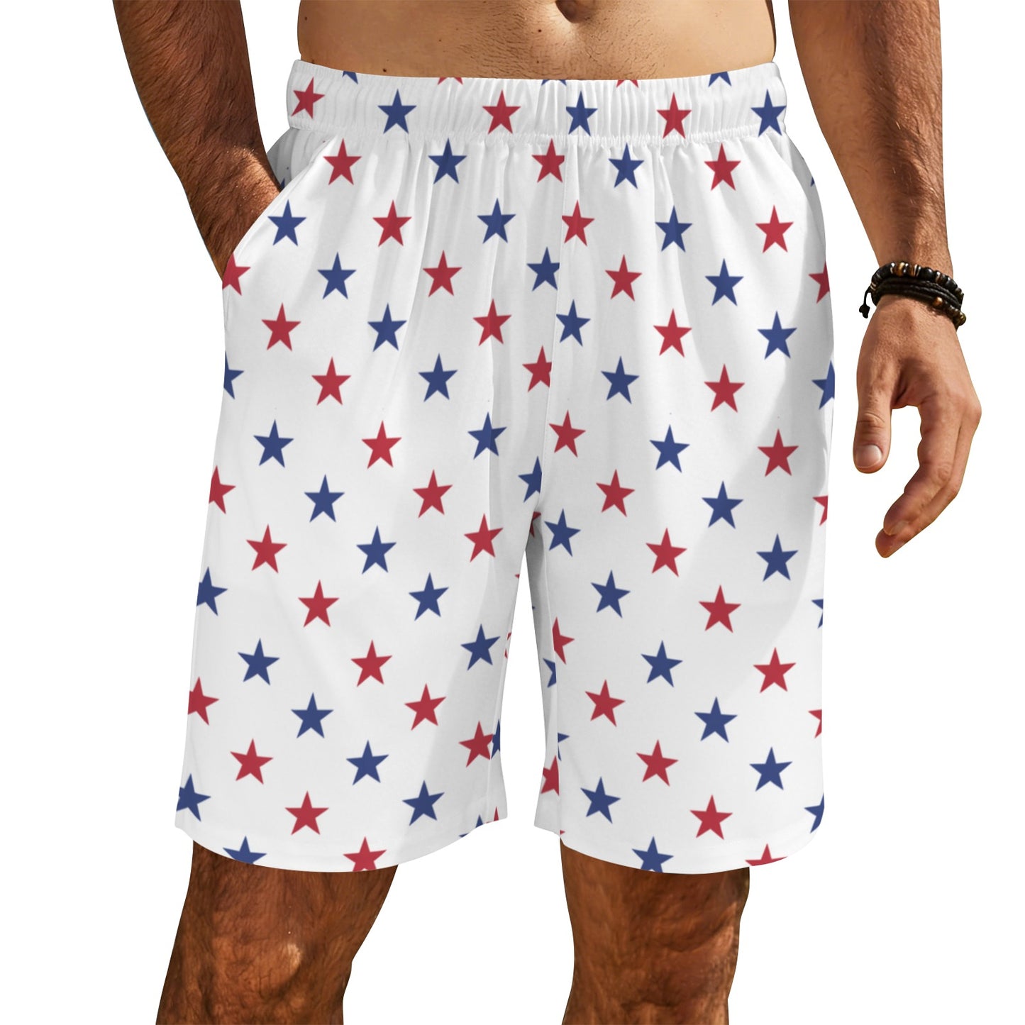 USA/American Flag Inspired Red and Blue Stars Pattern Men’s Draw String Pocket Beach Shorts Printed in the USA