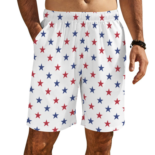 USA/American Flag Inspired Red and Blue Stars Pattern Men’s Draw String Pocket Beach Shorts Printed in the USA