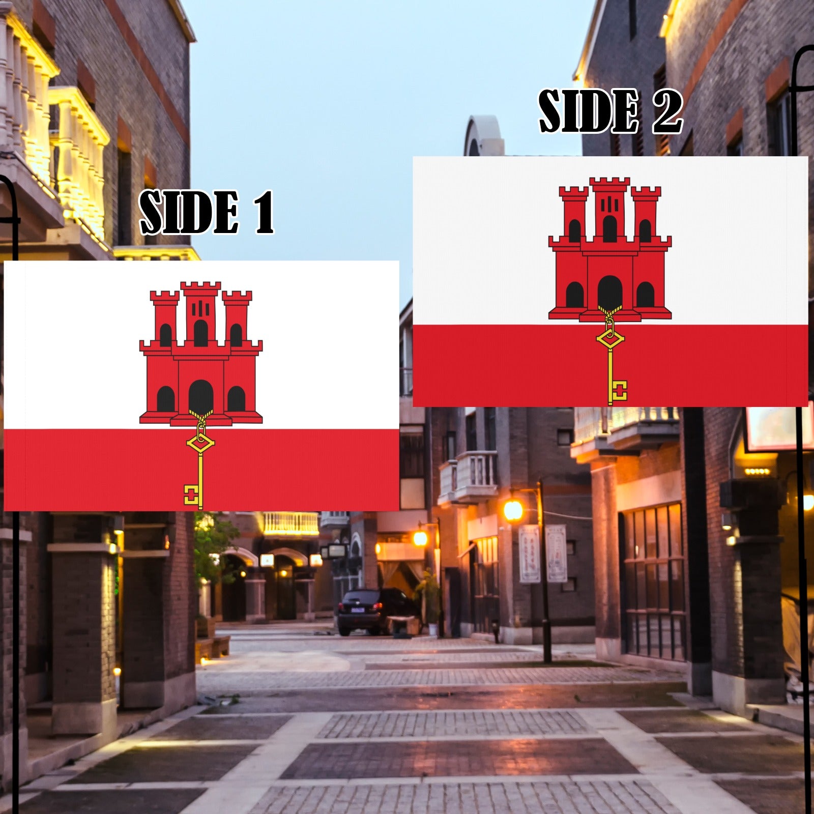 Luv My Flag Gibraltar flag displayed on urban street.