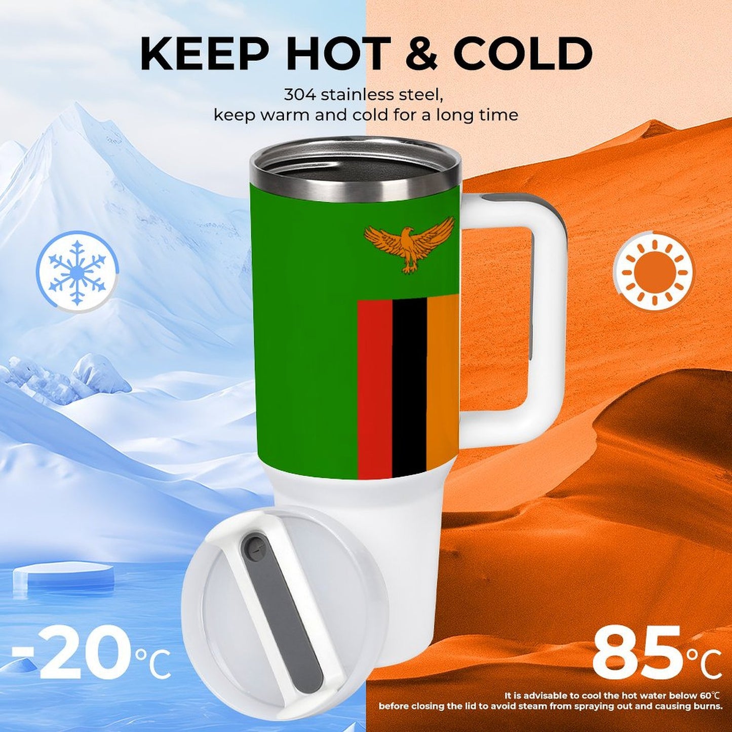 [Brand] thermos with handle, keeps beverages hot or cold.