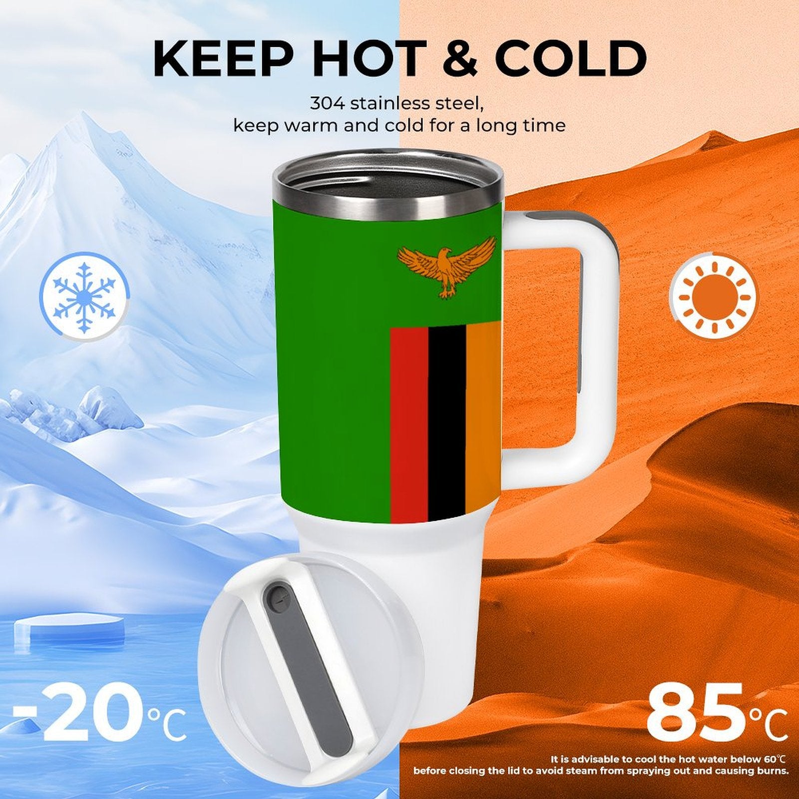 [Brand] thermos with handle, keeps beverages hot or cold.
