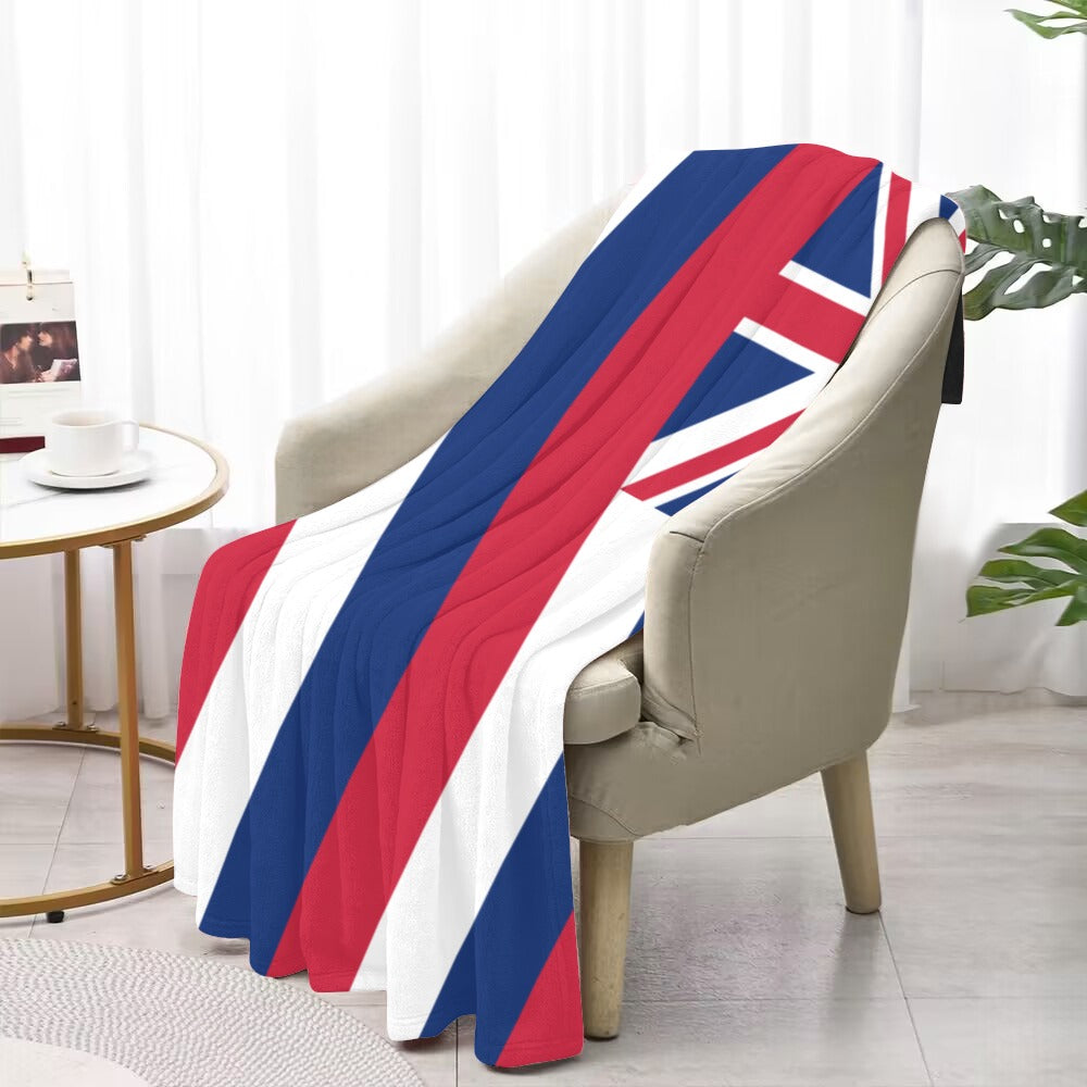 "Luv My Flag blanket draped over armchair with flag design."